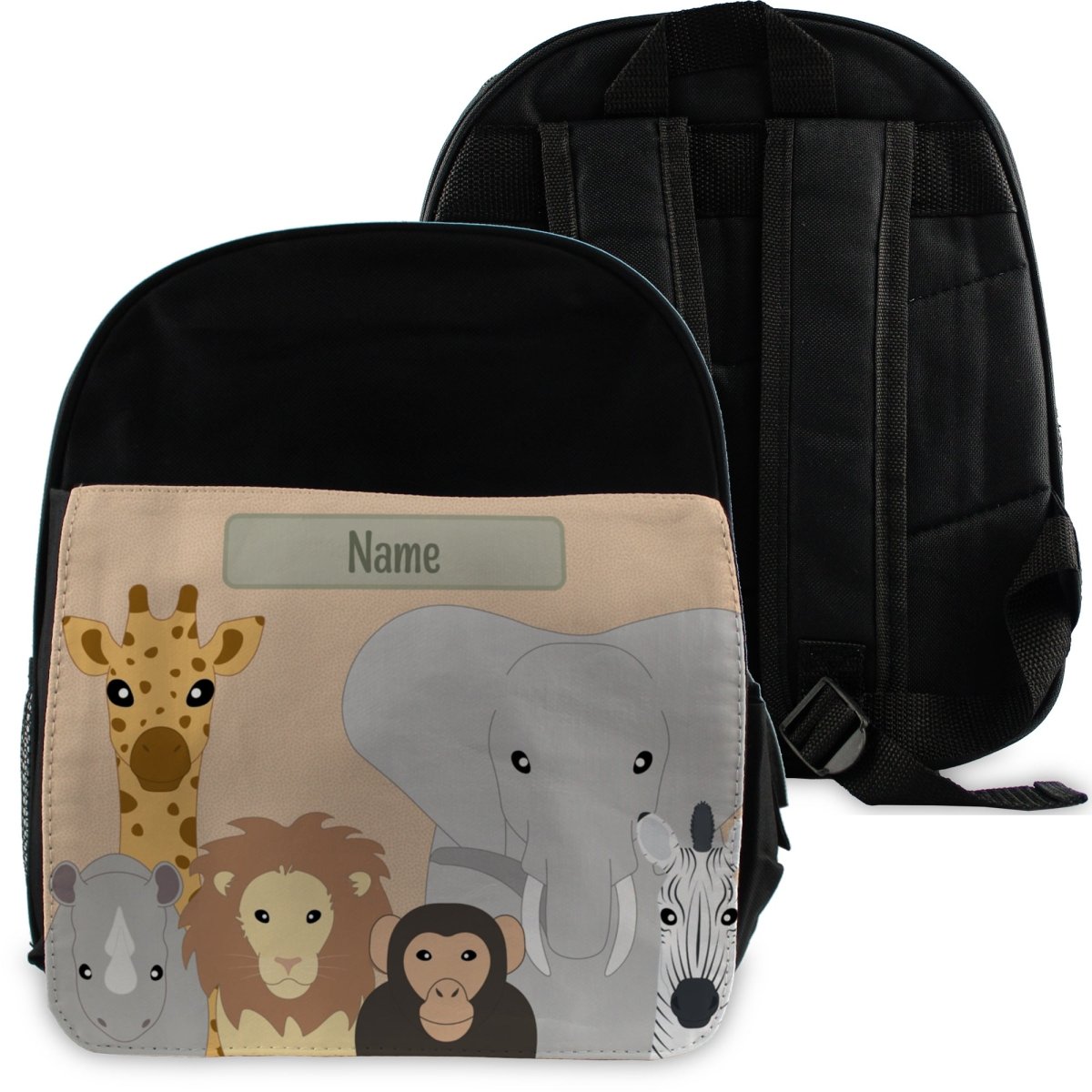 Printed Kids Black Backpack with Safari Animals Design, Customise - Main Image