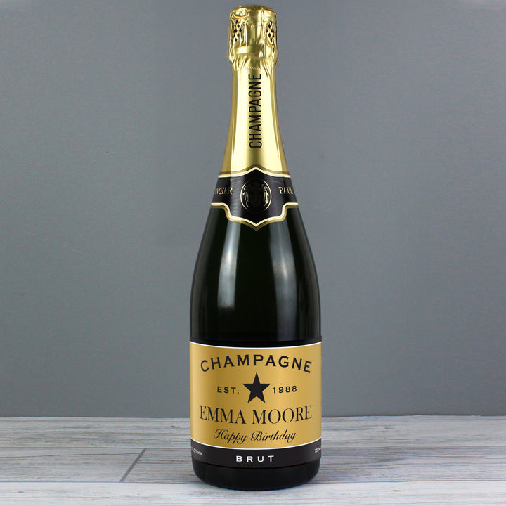 Personalised Black and Gold Label Bottle of Champagne