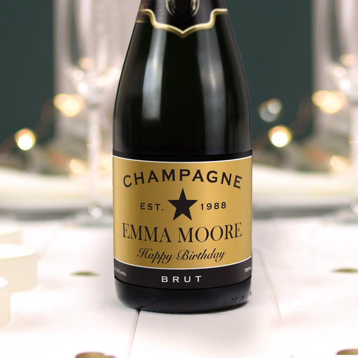 Personalised Black and Gold Label Bottle of Champagne