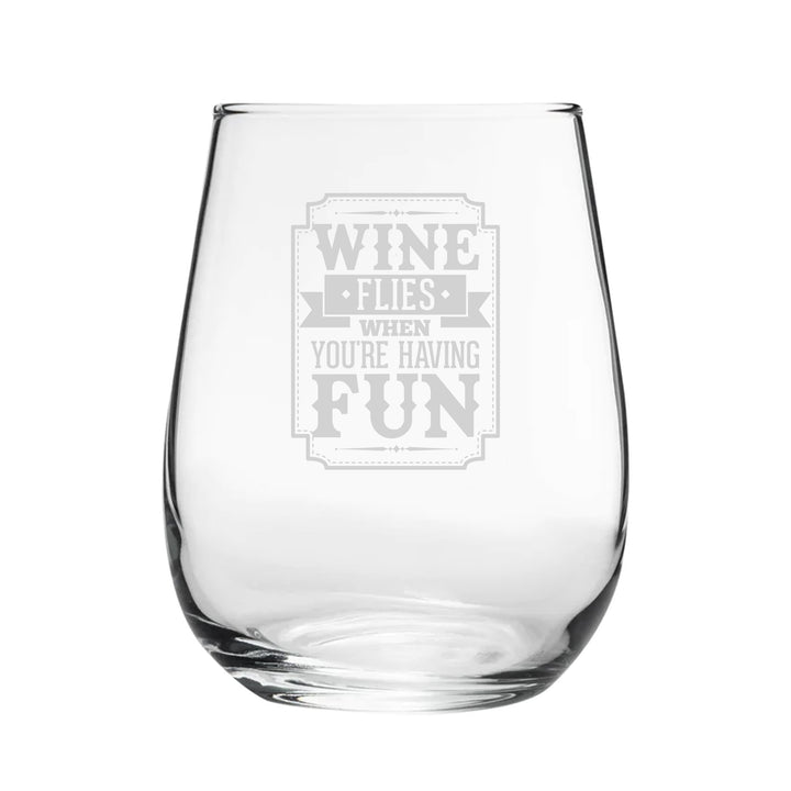 Wine Flies When You're Having Fun - Engraved Novelty Stemless Wine Tumbler Image 1