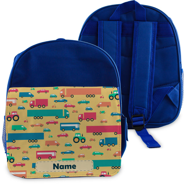 Printed Kids Blue Backpack with Vehicle Design, Customise with Any Name Image 1