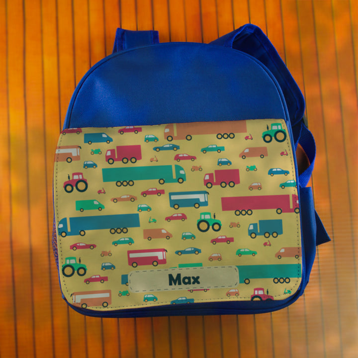 Printed Kids Blue Backpack with Vehicle Design, Customise with Any Name Image 4