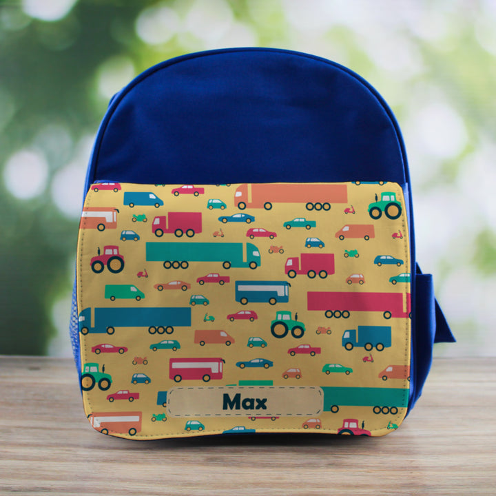 Printed Kids Blue Backpack with Vehicle Design, Customise with Any Name Image 3