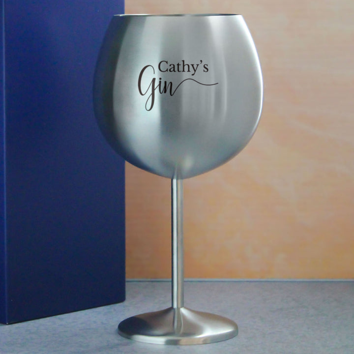 Engraved Metal Gin Balloon Cocktail Glass with Name's Gin Design, Personalise with Any Name Image 4