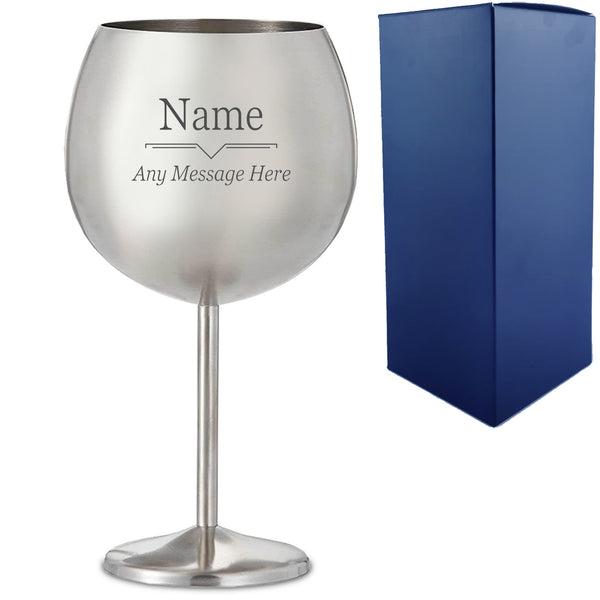 Engraved Metal Gin Balloon Glass with Line Break Design, Personalise with Any Name and Message Image 1