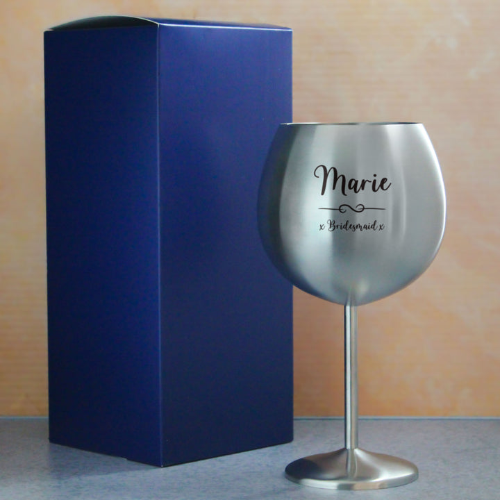 Engraved Metal Gin Balloon Glass with Flourish Design, Personalise with Any Name and Message Image 3