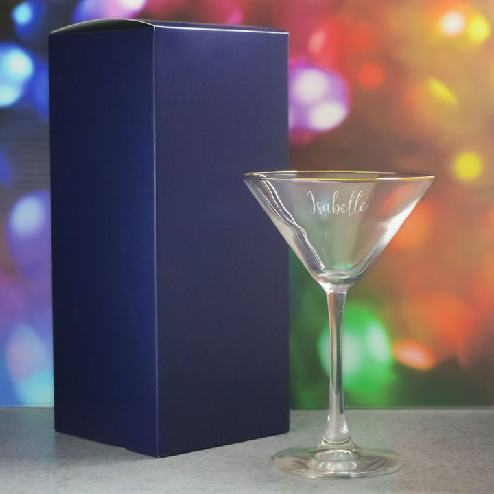 Engraved 7.5oz Gold Rim Martini Cocktail Glass with Script Name, Personalise with Any Name Image 3