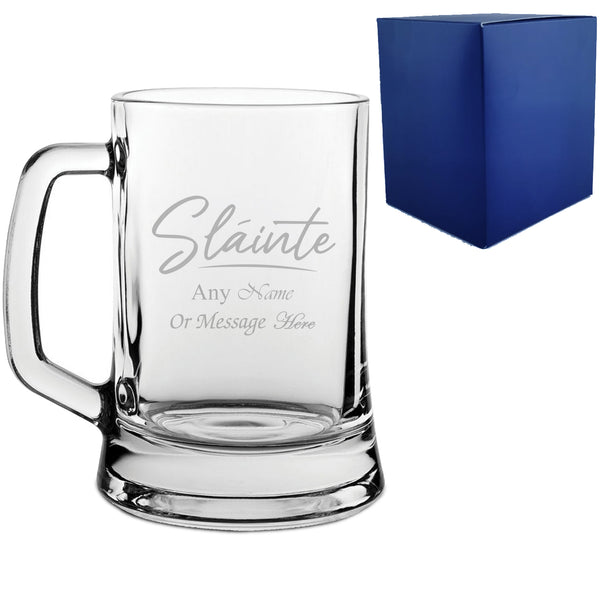 Engraved Beer Tankard with Slainte Script Design, Add a Personalised Message to the Reverse Image 1