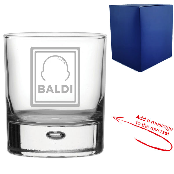 Engraved Whisky Glass with Baldi Design, Add a Personalised Message to the Reverse Image 1