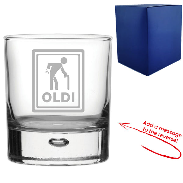 Engraved Whisky Glass with Oldi Design, Add a Personalised Message to the Reverse Image 1