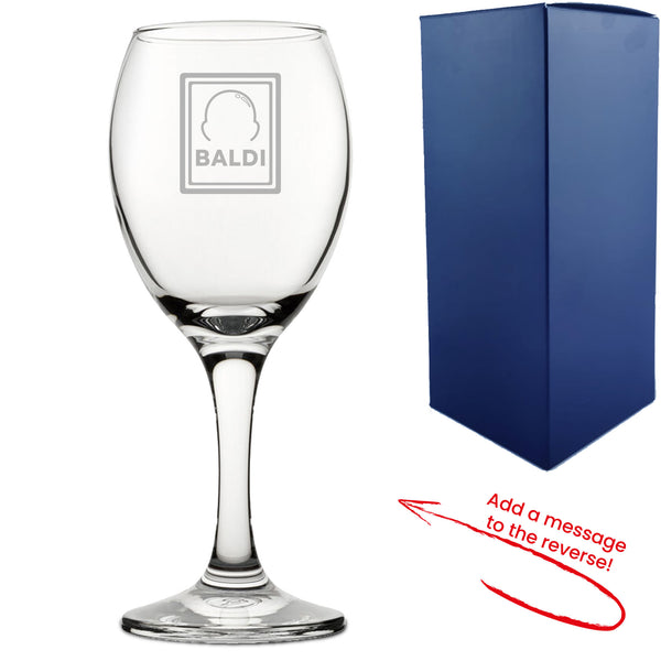 Engraved Wine Glass with Baldi Design, Add a Personalised Message to the Reverse Image 1