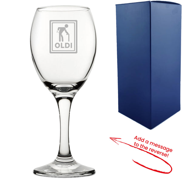 Engraved Wine Glass with Oldi Design, Add a Personalised Message to the Reverse Image 1