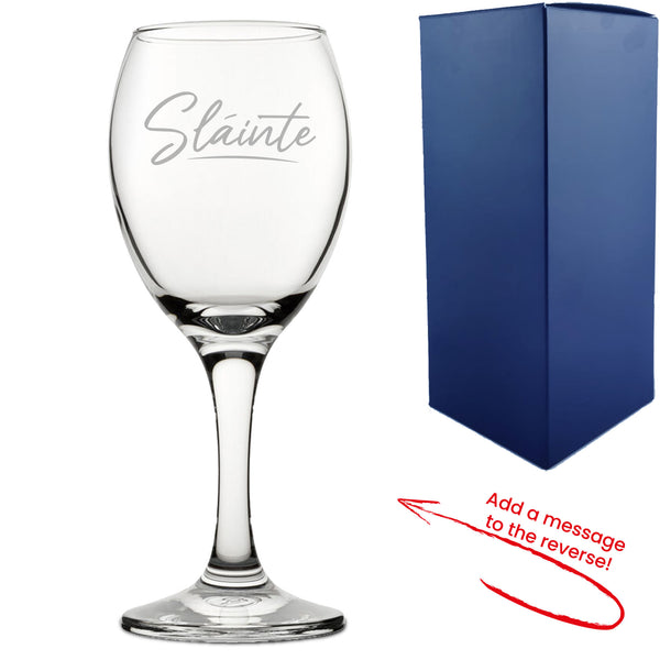 Engraved Wine Glass with Slainte Script Design, Add a Personalised Message to the Reverse Image 1