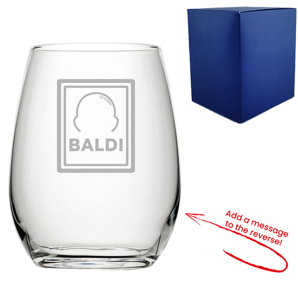 Engraved Stemless Wine Glass with Baldi Design, Add a Personalised Message to the Reverse Image 1