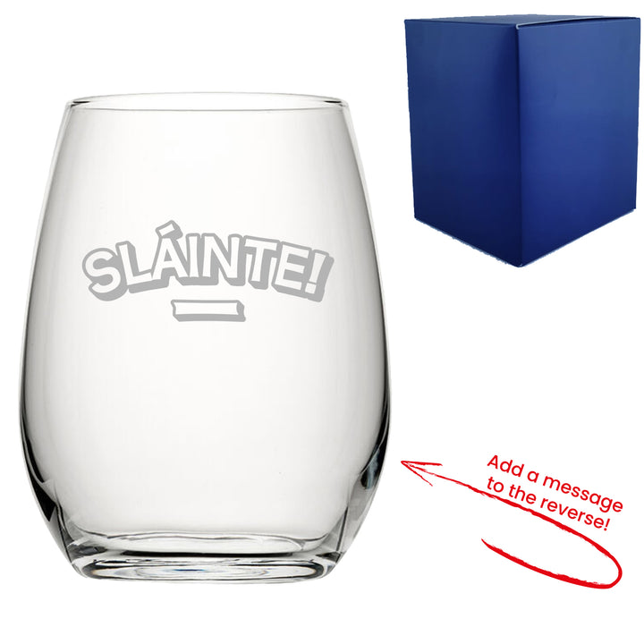 Engraved Stemless Wine Glass with Slainte Design, Add a Personalised Message to the Reverse Image 2