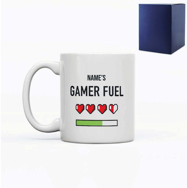 Printed Mug with Name's Gamer Fuel Hearts Design, Gift Boxed, Personalise with any name for any gamer Image 1