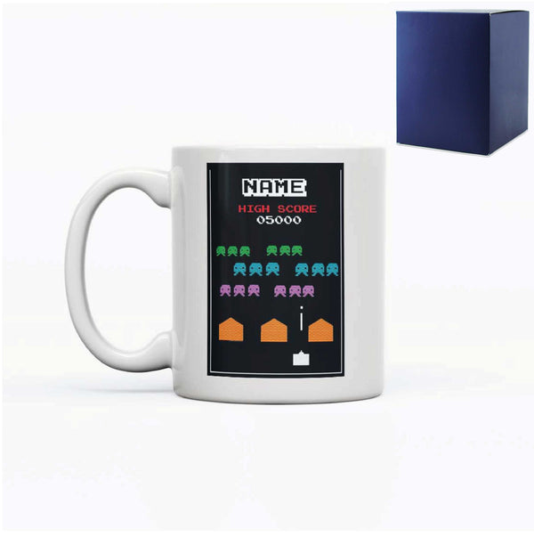 Printed Mug with Name Retro Space Arcade Game Design, Gift Boxed, Personalise with any name for any gamer Image 1