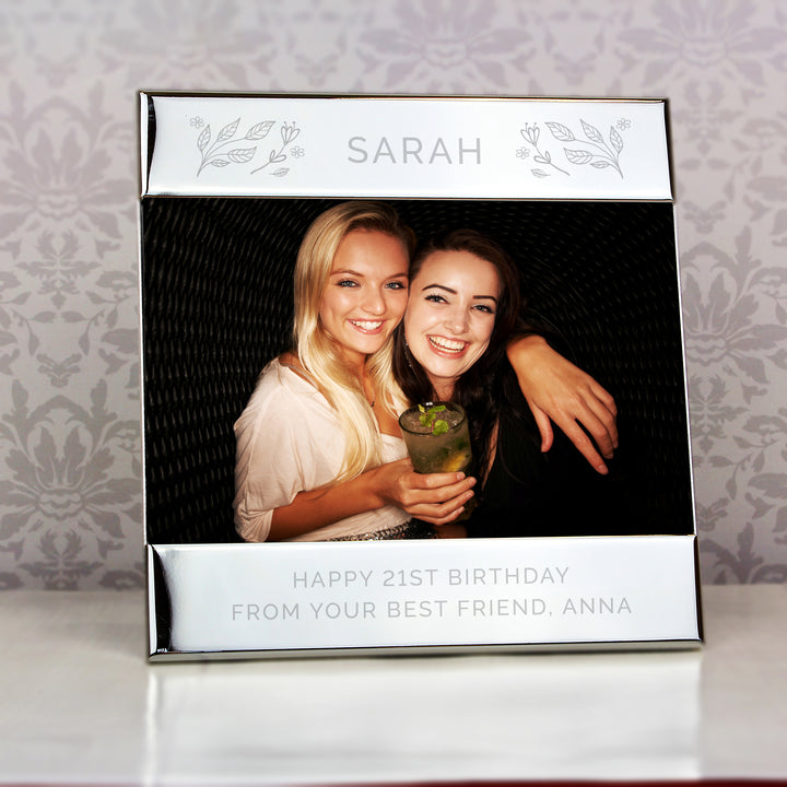 Personalised Silver Floral Square 6x4 Inch Landscape Photo Frame