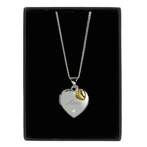 Personalised Sterling Silver Heart Locket Necklace with Diamond and 9ct Gold Charm