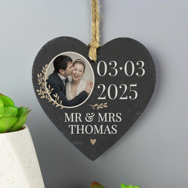 Personalised Large Date Photo Upload Slate Heart Decoration