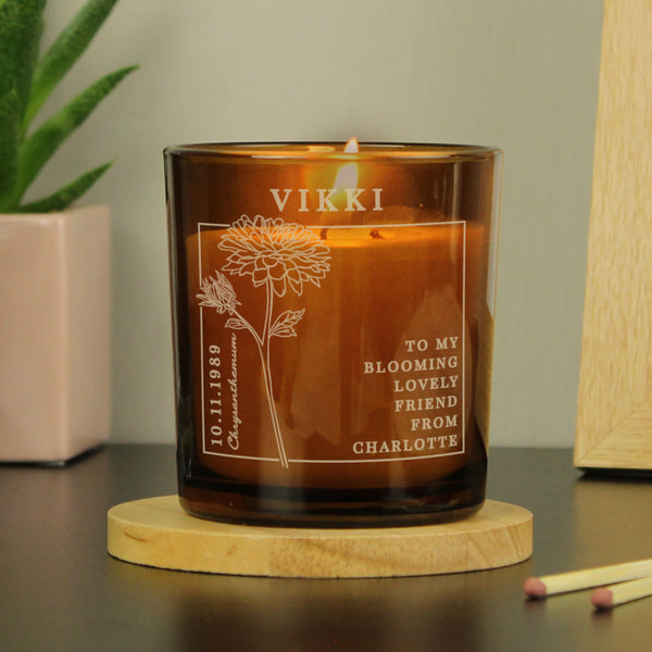 Personalised November Birth Flower Amber Glass Candle