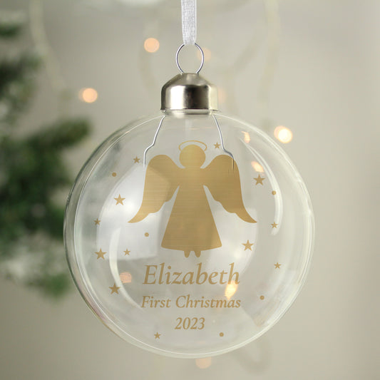 Personalised Name And Message Gold Angel Christmas Tree Glass Bauble