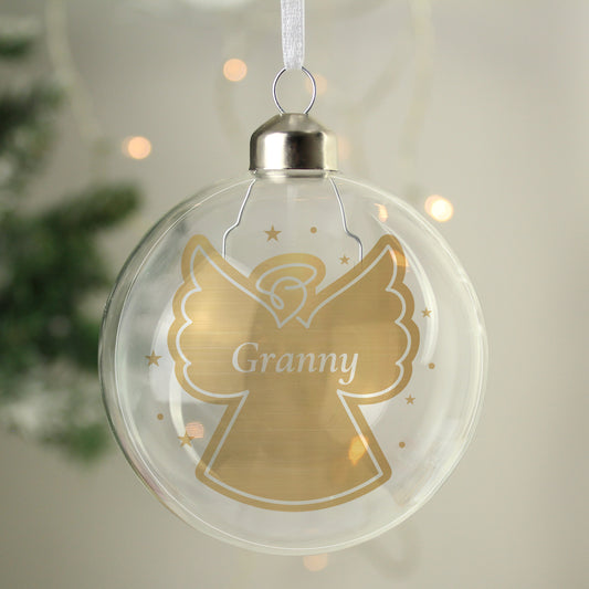 Personalised Name Gold Angel Christmas Tree Glass Bauble