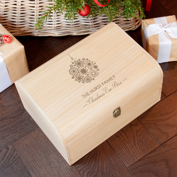 Personalised Family Christmas Eve Chest With Decorative Bauble Design