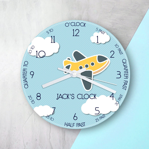 Personalised Kids Aeroplane Glass Clock - Large