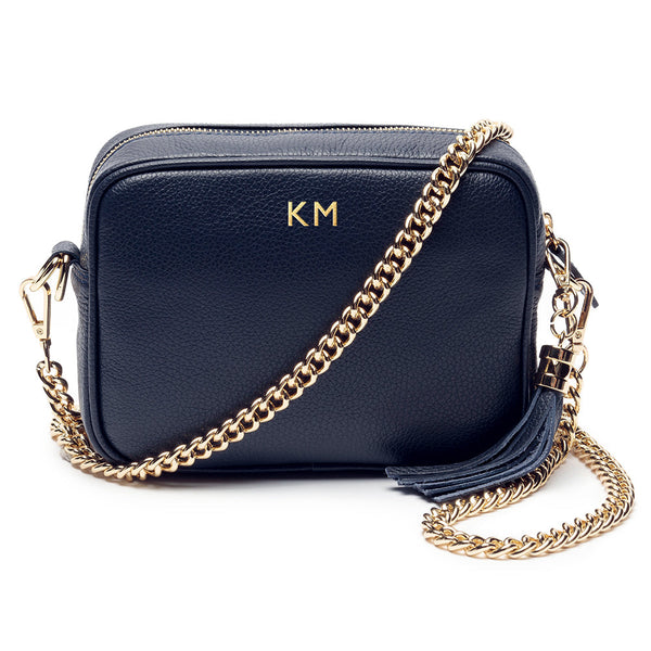 Personalised Elie Beaumont Navy Bag with Gold Chain Strap