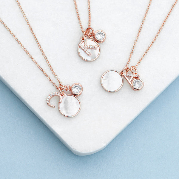 Rose Gold Initial Necklace with Mother of Pearl and Crystal