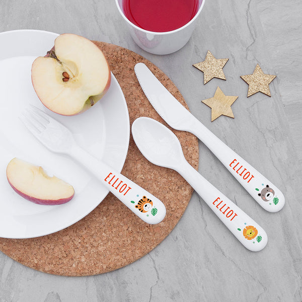 Personalised Kids Jungle Animal Cutlery Set - Plastic