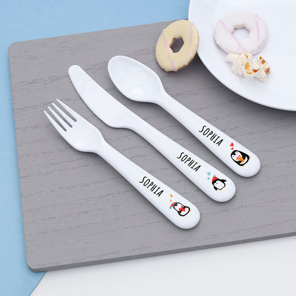 Personalised Kids Winter Penguin Cutlery Set - Plastic