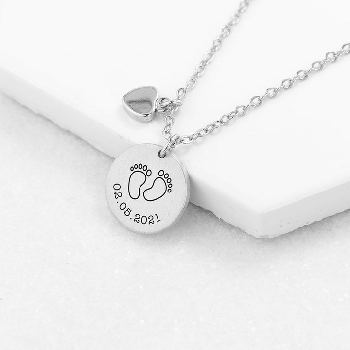 Personalised Baby Feet Matte Heart & Disc Necklace