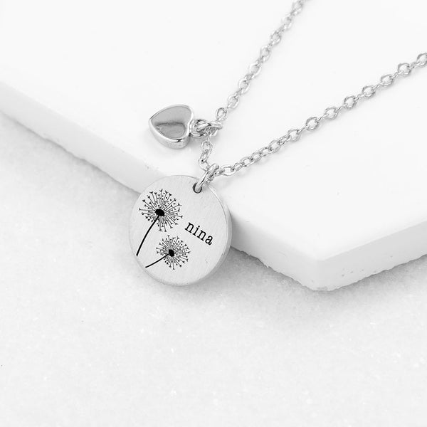 Personalised Dandelion Matte Heart & Disc Necklace