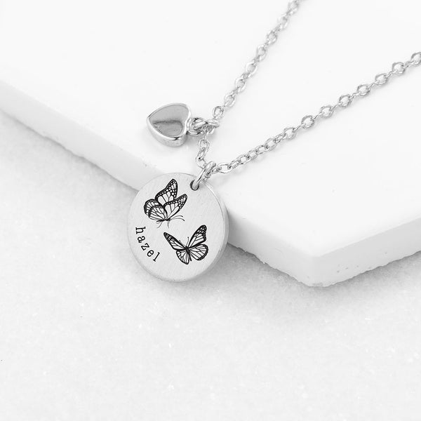 Personalised Butterfly Dance Matte Heart & Disc Necklace