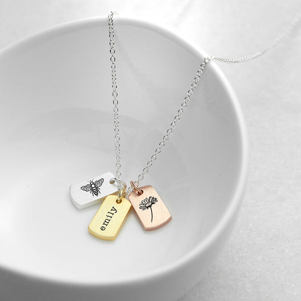 Personalised Bee and Flower Mini Tag Necklace