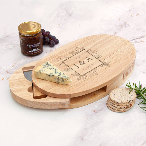 Personalised Floral Frame Oval Wooden Cheese Board Set