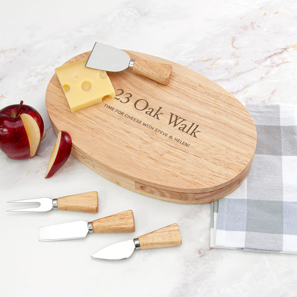 Personalised New Home Oval Wooden Cheese Board Set