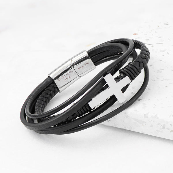 Personalised Men's Cross Black Leather Stacked Bracelet