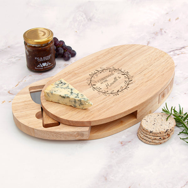 Personalised Christmas Wreath Oval Cheese Board Set