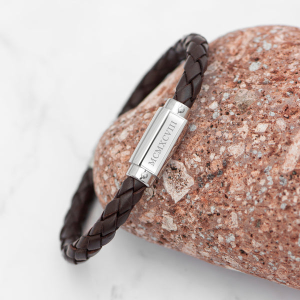 Personalised Men's Roman Numerals Luxury Brown Leather Bracelet