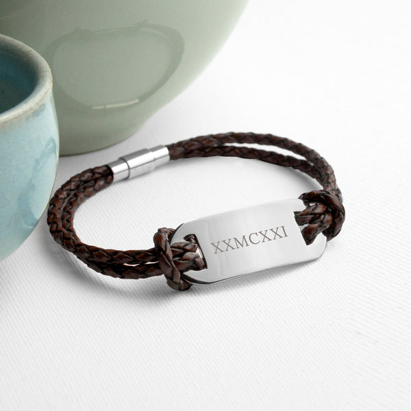 Personalised Men's Roman Numerals Statement Leather Bracelet