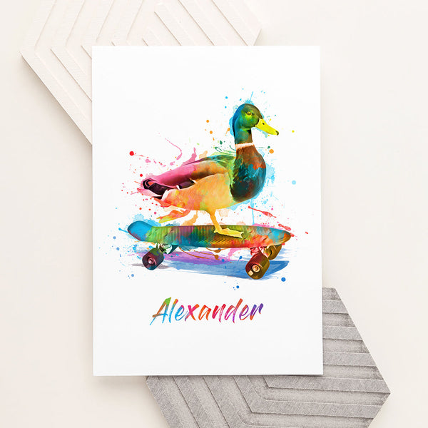 Personalised Watercolour Duck Skateboarding Print