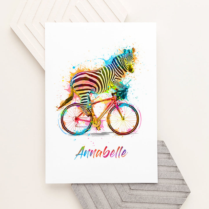 Personalised Watercolour Zebra Cycling Print
