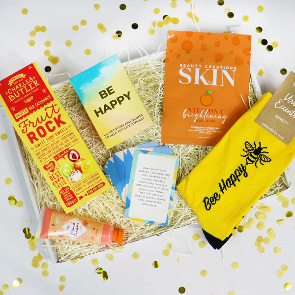 Bee Happy treatbox Gift Hamper with Affirmation Cards, Socks & Treats