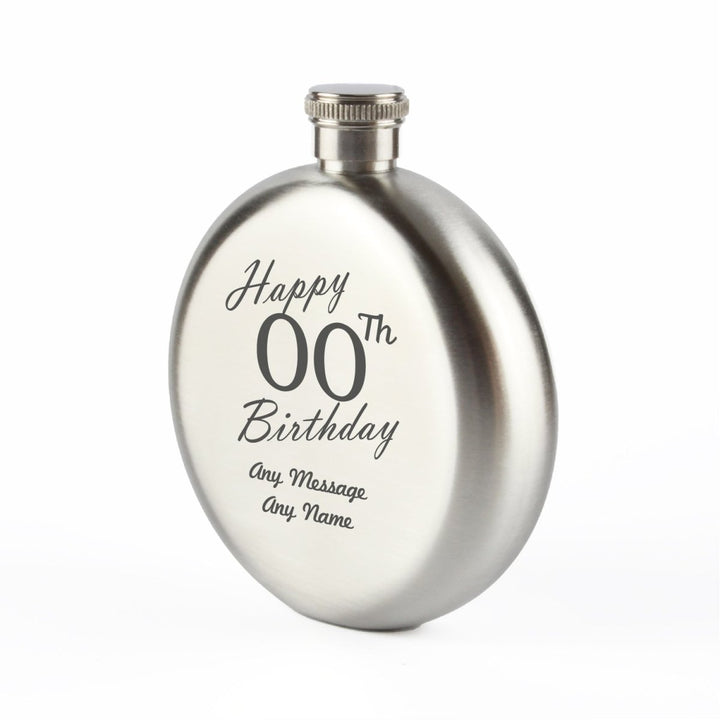 Engraved 5oz Round Steel Hip Flask Happy Custom Number Birthday