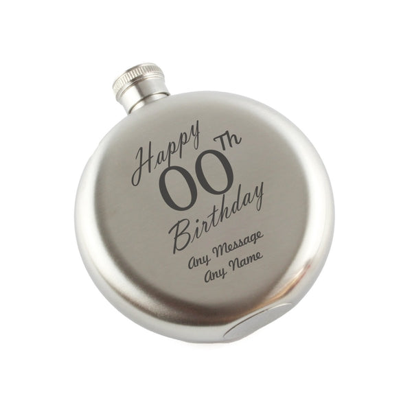 Engraved 5oz Round Steel Hip Flask Happy Custom Number Birthday