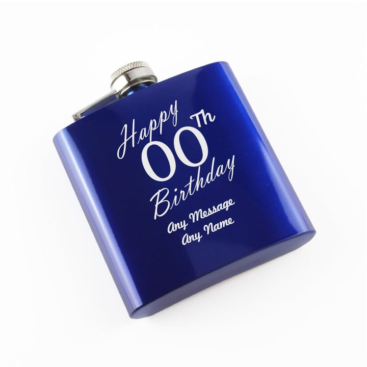 Engraved 6oz Blue Steel Hip Flask Happy Custom Number Birthday