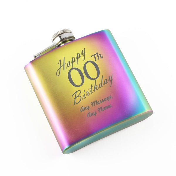 Engraved 6oz Rainbow Steel Hip Flask Happy Custom Number Birthday